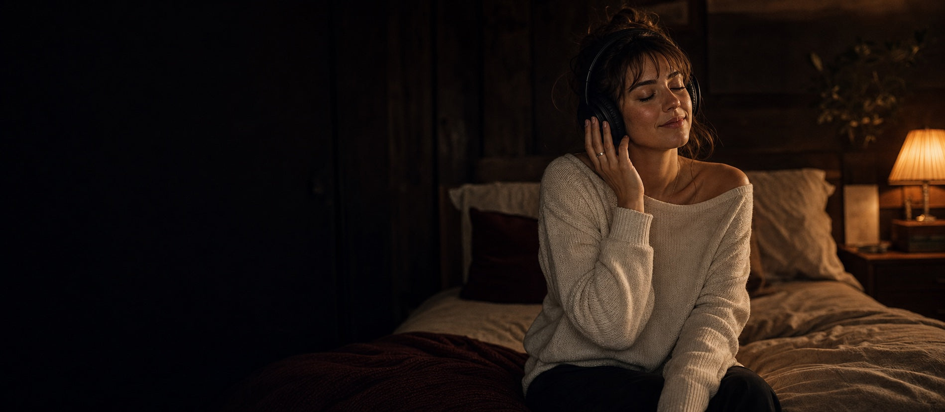 A woman listening privately to a meaningful song